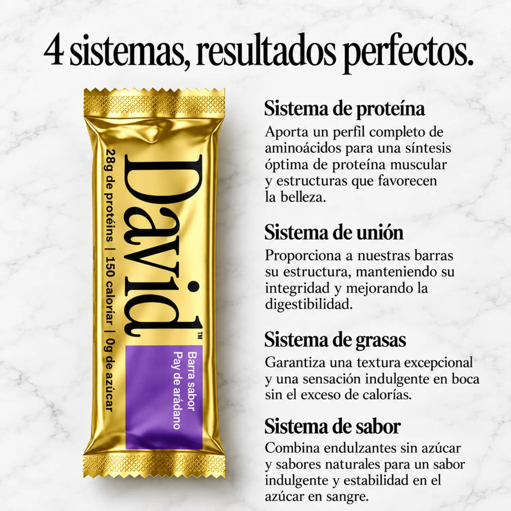 David Barra de Proteína 28 g de Proteína por Porción, Caja con 12 Piezas, Sabor Blueberry Pie