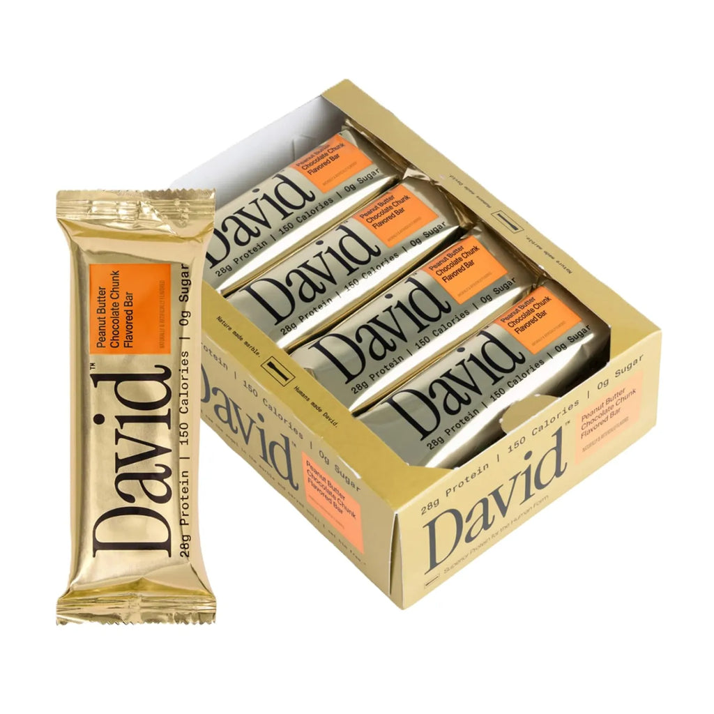 David Barra de Proteína 28 g de Proteína por Porción, Caja con 12 Piezas, Sabor Peanut Butter Chocolate Chunk