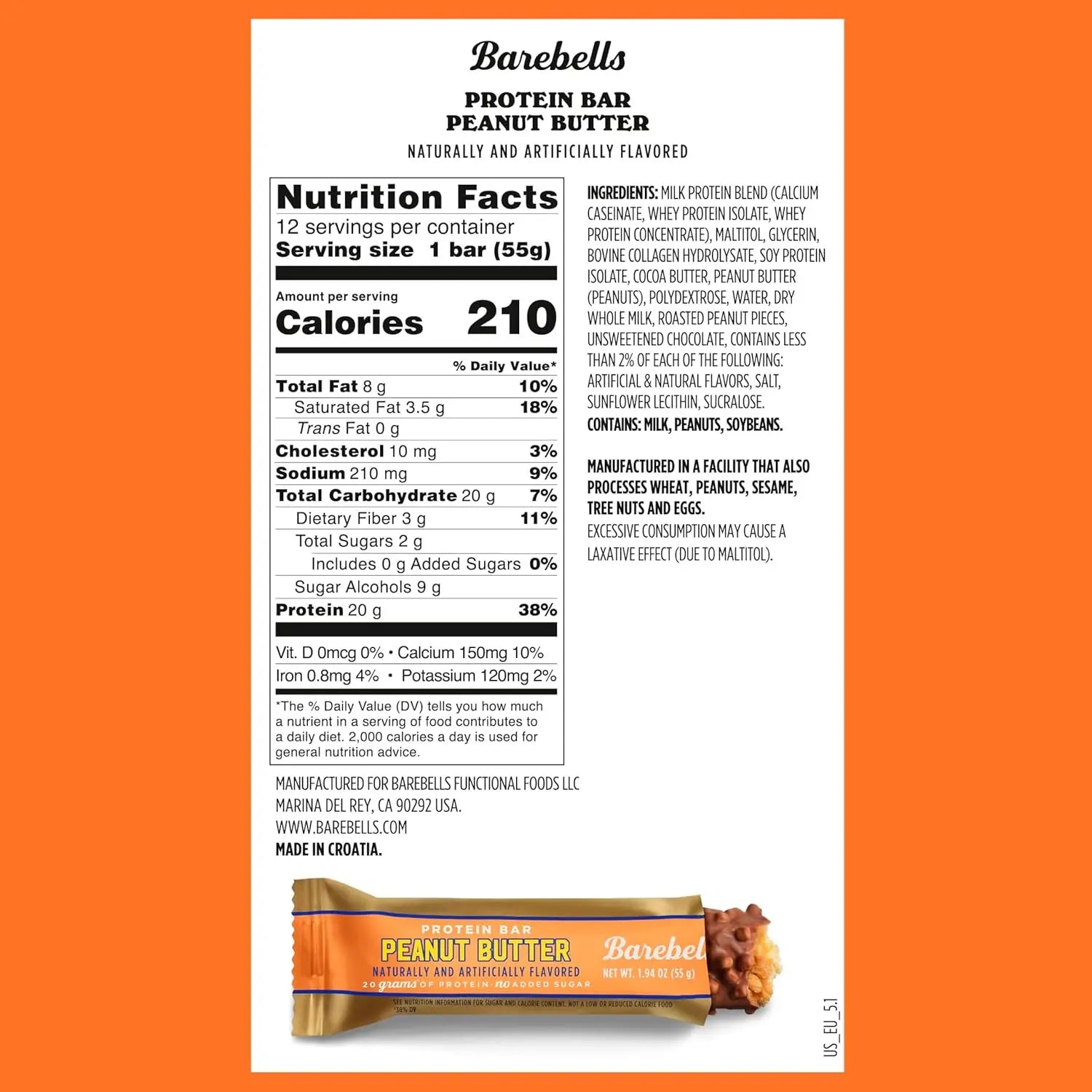 BAREBELLS PROTEINA BARRA 12PZS DE 55gFR SFN PEANUT BUTTER