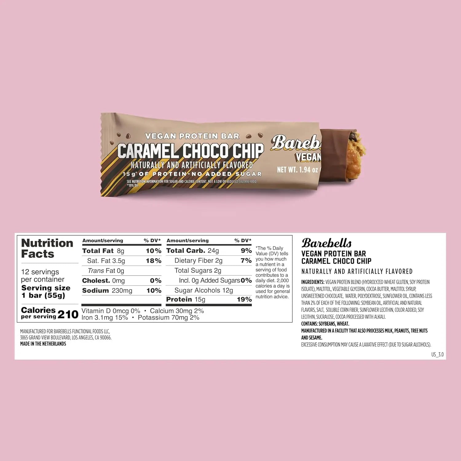 Barebells Barra Vegana De Proteina 12pzs De 55gr caramel choco chip