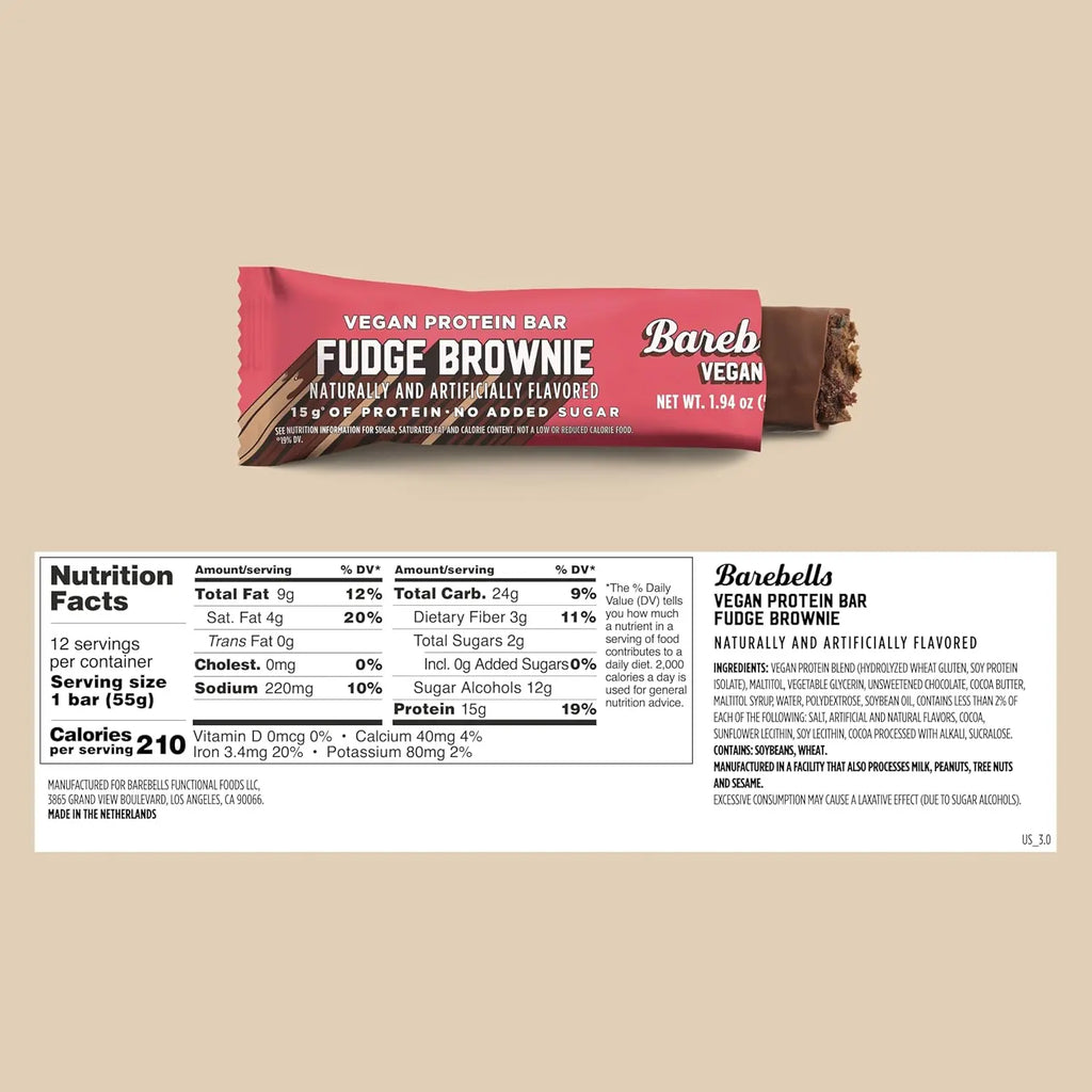 BAREBELLS BARRA VEGANA 12PZS DE 55gr  FUDGE BROWNIE