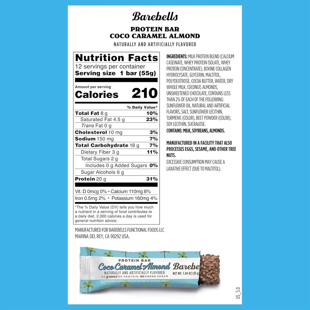 BAREBELLS PROTEINA BARRA 12PZS DE 55gr SFN COCONUT CARAMEL ALMOND