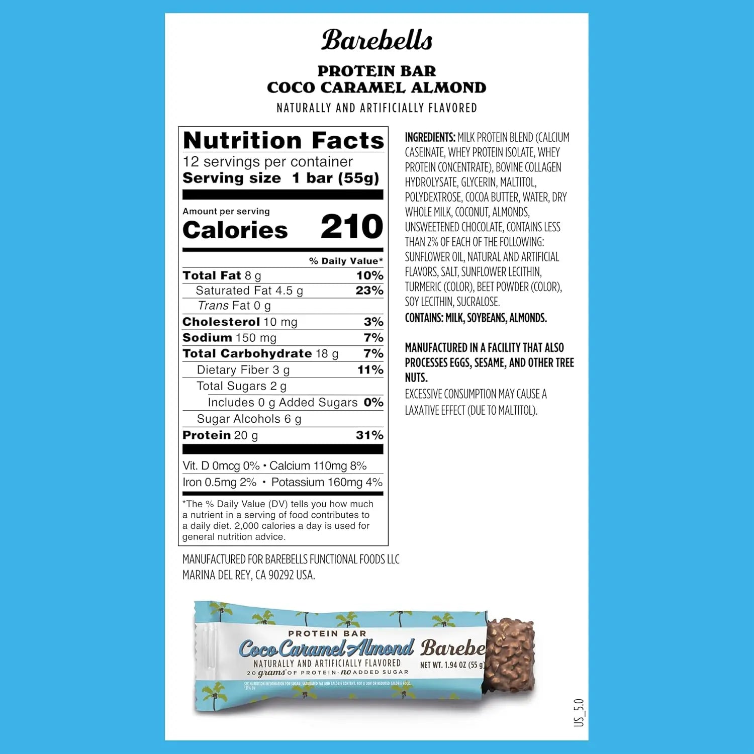BAREBELLS PROTEINA BARRA 12PZS DE 55gr SFN COCONUT CARAMEL ALMOND