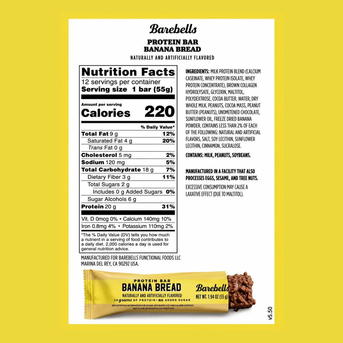 Barebells Protein Bar | Barra de Proteína 20 g | 12 Barras de 55 g | Sabor Banana Bread