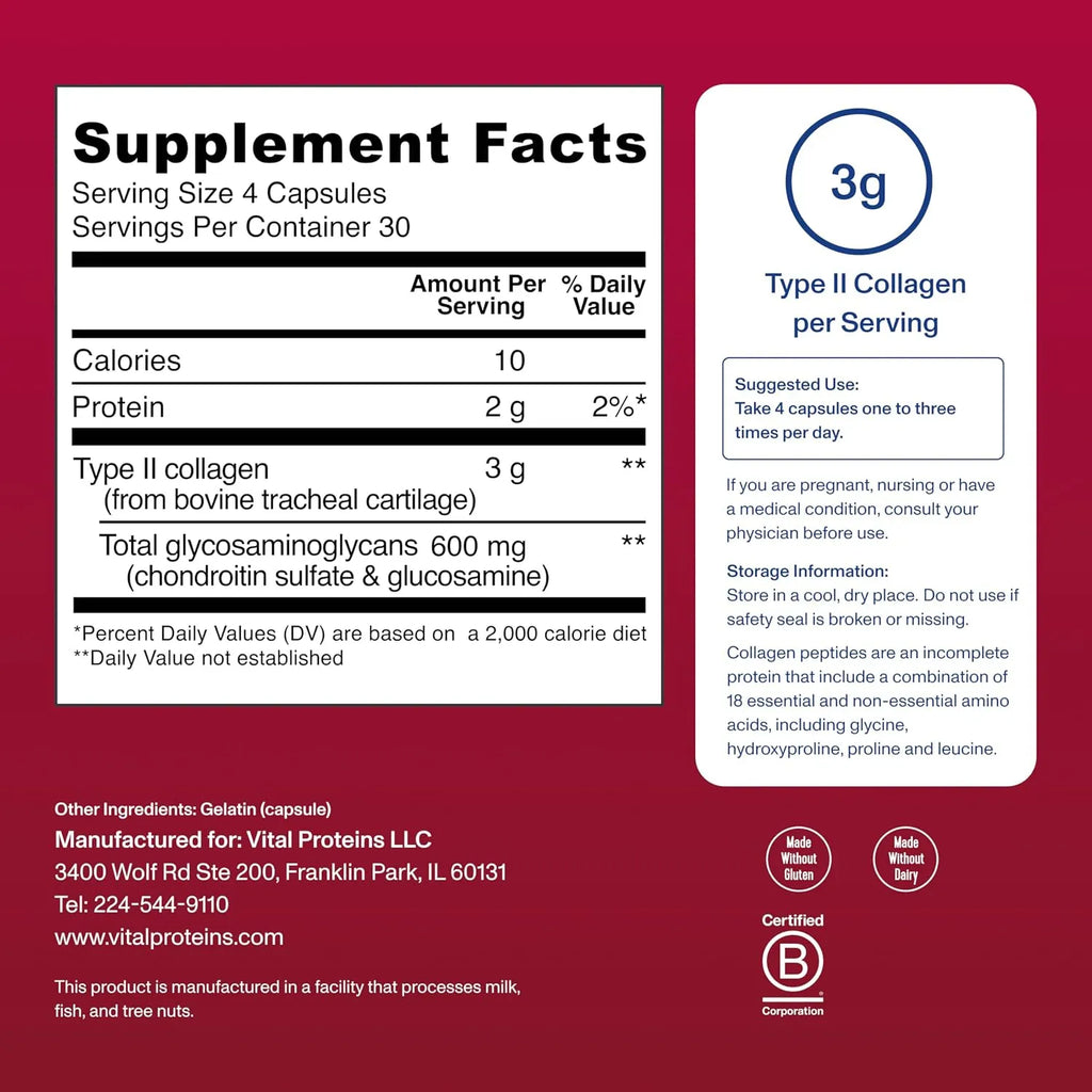 Vital Proteins Cartilage Collagen | Colágeno Tipo II | 30 Servicios 120 Cápsulas
