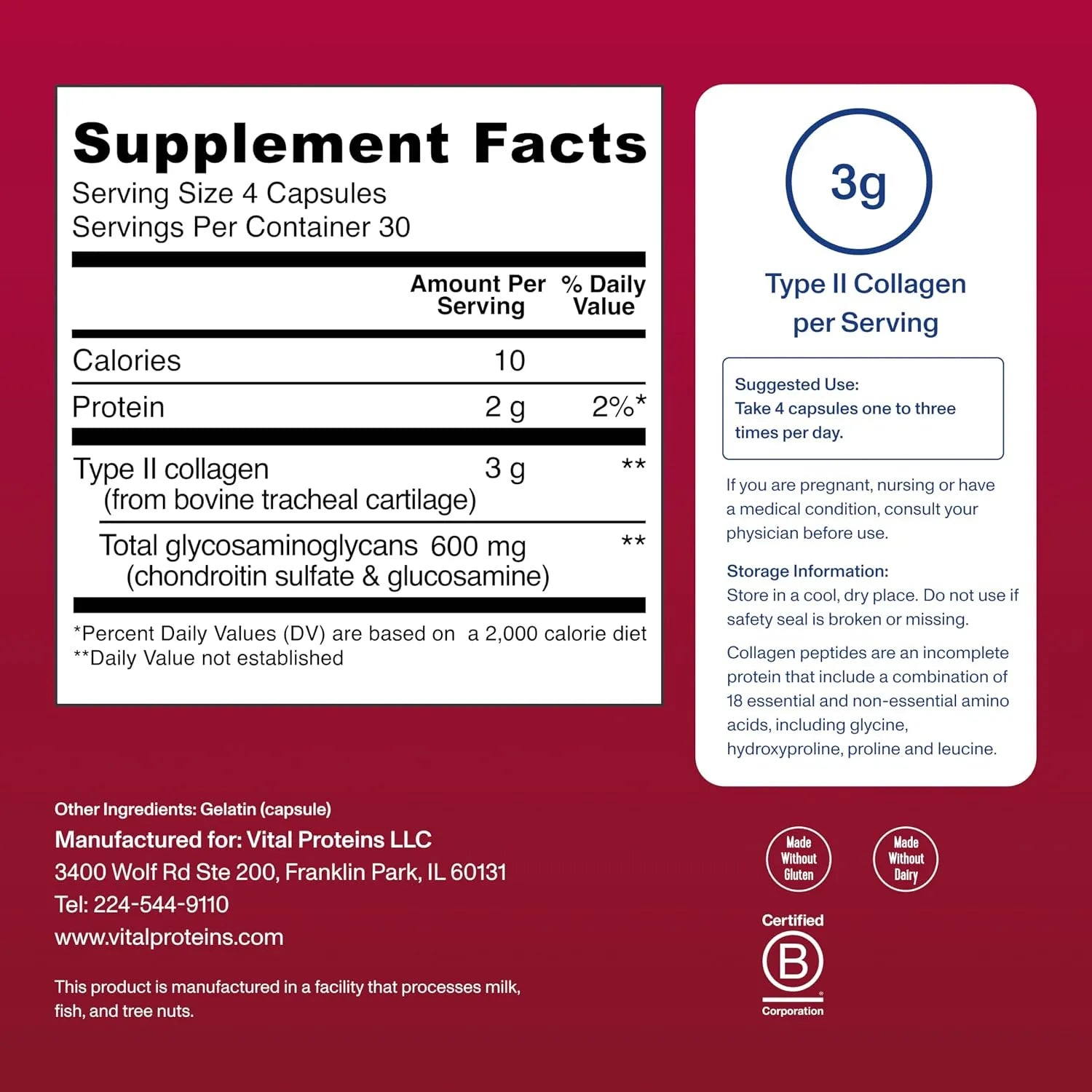 Vital Proteins Cartilage Collagen | Colágeno Tipo II | 30 Servicios 120 Cápsulas