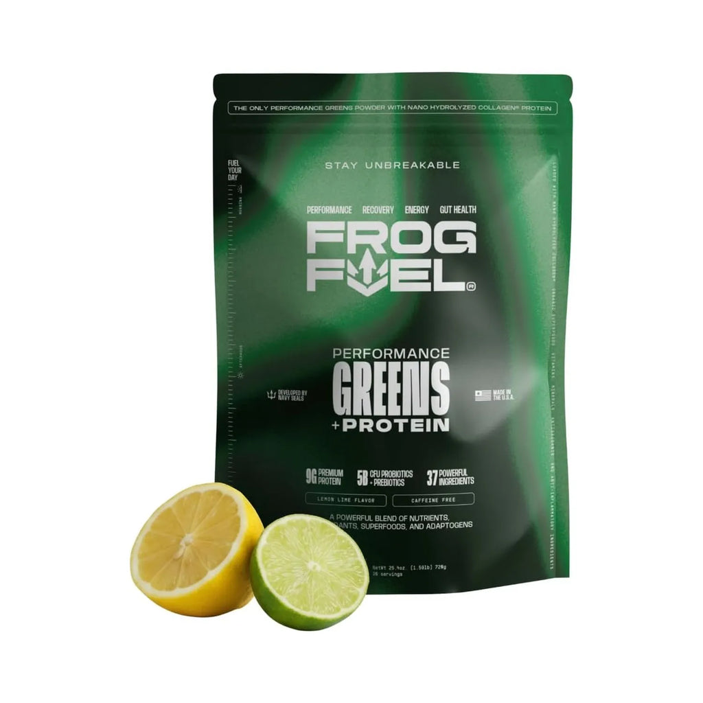 Proteína en polvo Frog Fuel Performance Greens, nanohidrolizada 5 mil millones de UFC de probióticos/prebióticos, 9 g de proteína, 7 aminoácidos esenciales, energía y soporte muscular, sabor limón-lima, 30 porciones.