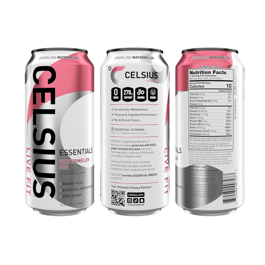Celsius Essentials Bebida Energética Carbonatada Sabor Watermelon Ice Sin Azúcar, 12 Latas de 473 ml