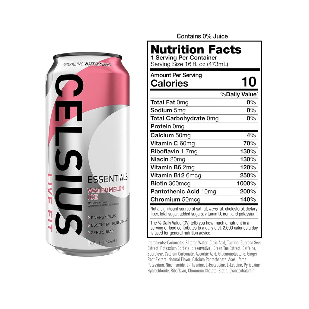 Celsius Essentials Bebida Energética Carbonatada Sabor Watermelon Ice Sin Azúcar, 12 Latas de 473 ml