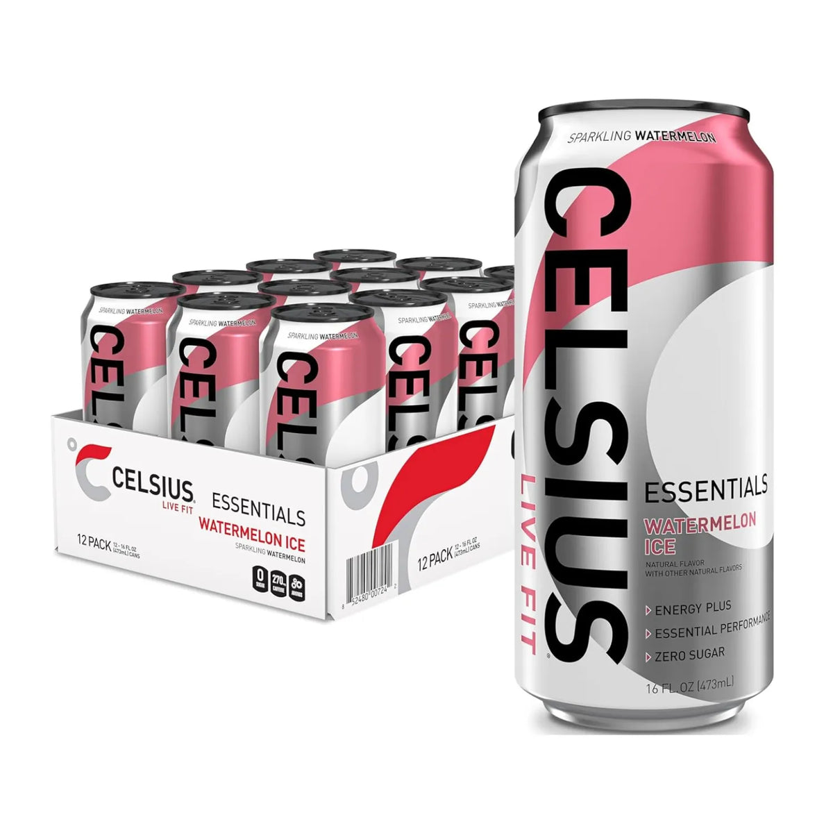 Celsius Essentials Bebida Energética Carbonatada Sabor Watermelon Ice Sin Azúcar, 12 Latas de 473 ml