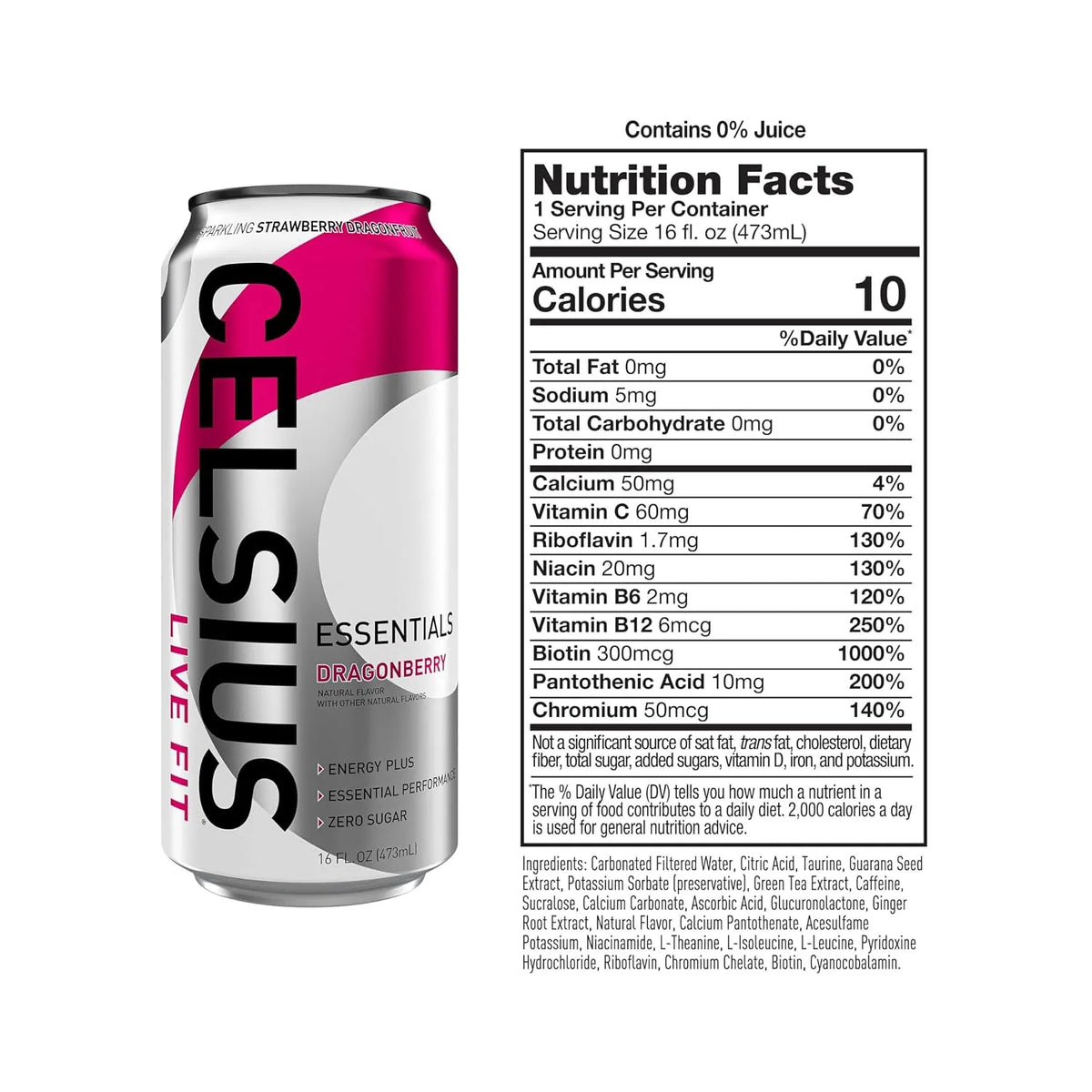 Celsius Essentials Bebida Energética Carbonatada Sabor Dragonberry Sin Azúcar, 12 Latas de 473 ml