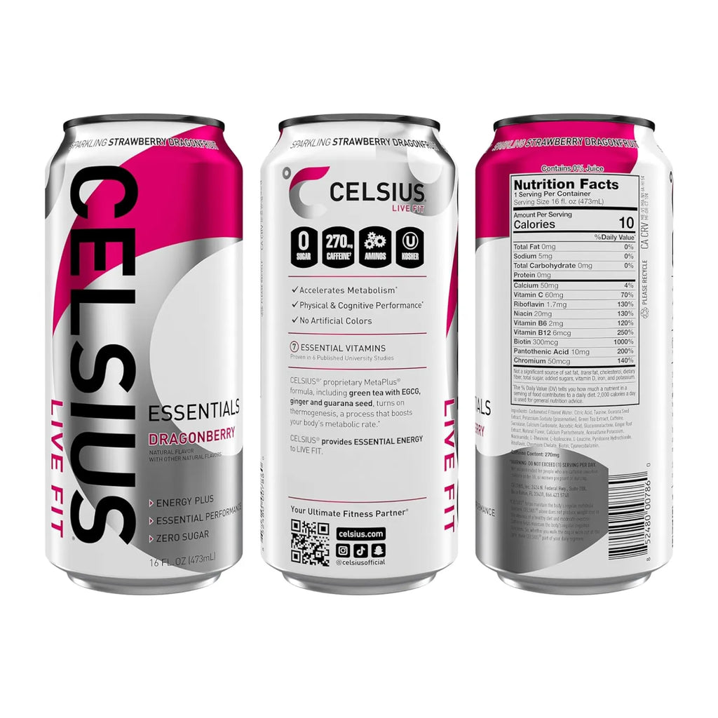 Celsius Essentials Bebida Energética Carbonatada Sabor Dragonberry Sin Azúcar, 12 Latas de 473 ml