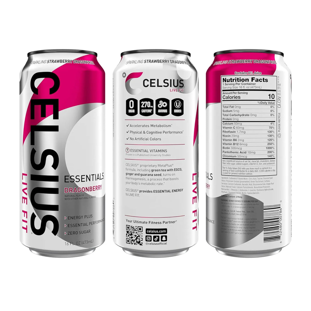 Celsius Essentials Bebida Energética Carbonatada Sabor Dragonberry Sin Azúcar, 12 Latas de 473 ml