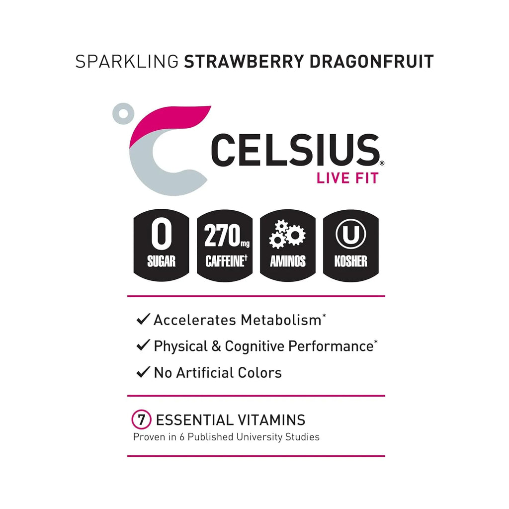 Celsius Essentials Bebida Energética Carbonatada Sabor Dragonberry Sin Azúcar, 12 Latas de 473 ml