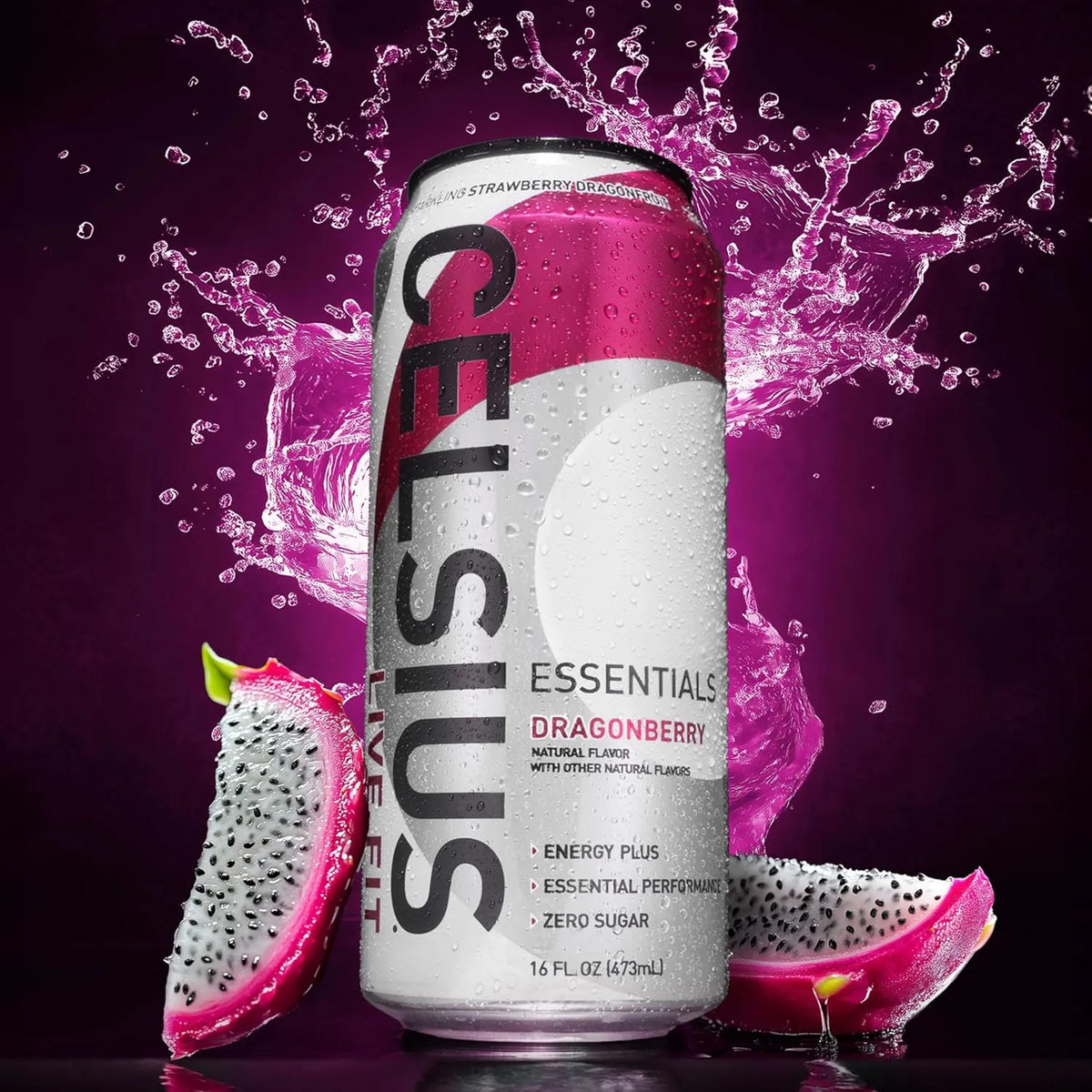 Celsius Essentials Bebida Energética Carbonatada Sabor Dragonberry Sin Azúcar, 12 Latas de 473 ml