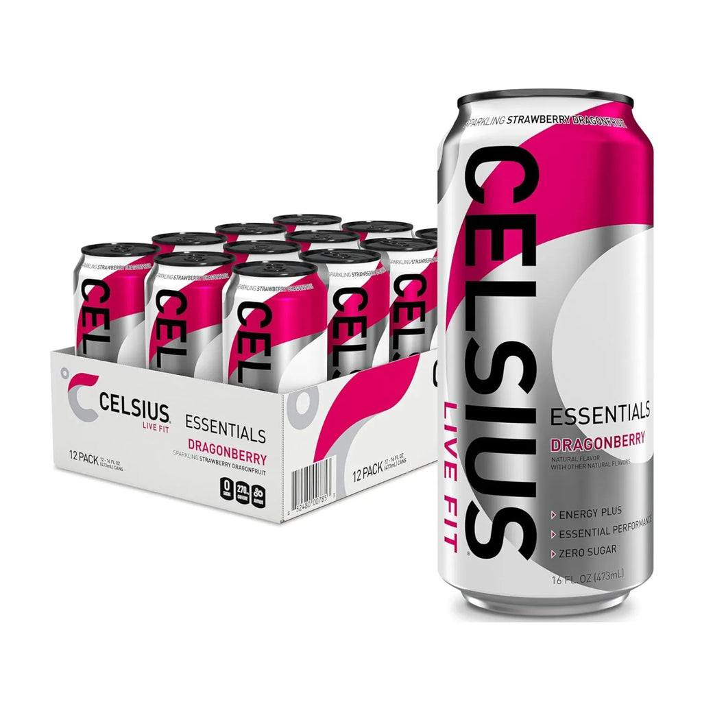 Celsius Essentials Bebida Energética Carbonatada Sabor Dragonberry Sin Azúcar, 12 Latas de 473 ml