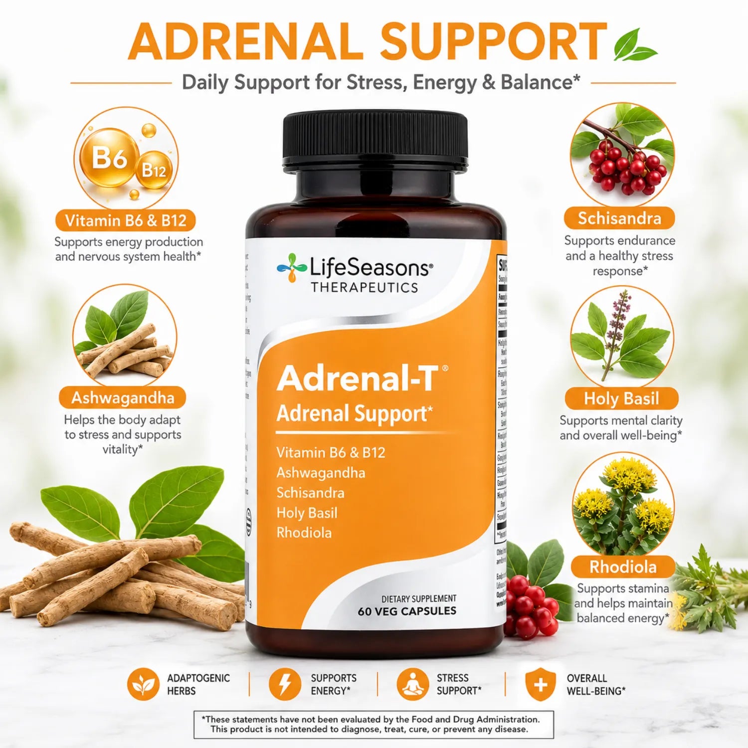 LifeSeasons, Adrenal-T, Apoyo adrenal, 60 cápsulas vegetarianas