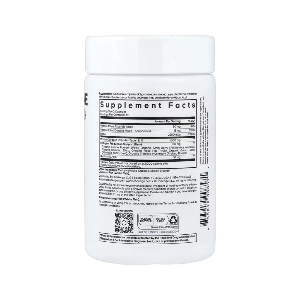 Codeage, Colágeno Marino Con Biotina + Ácido Hialurónico- Multivitamínico, 120 Cápsulas Vegetales