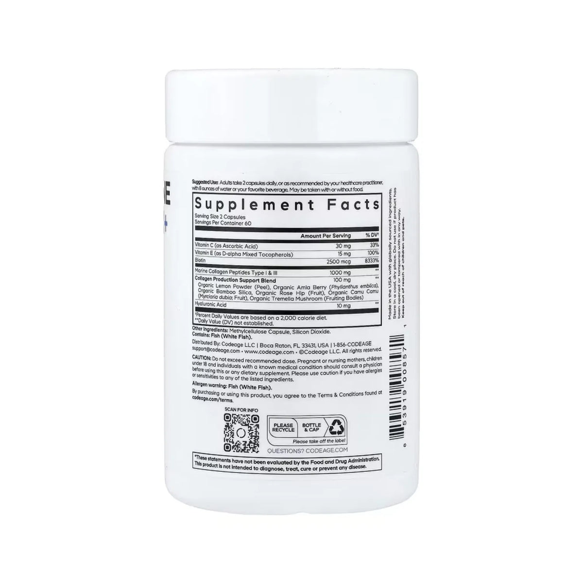 Codeage, Colágeno Marino Con Biotina + Ácido Hialurónico- Multivitamínico, 120 Cápsulas Vegetales