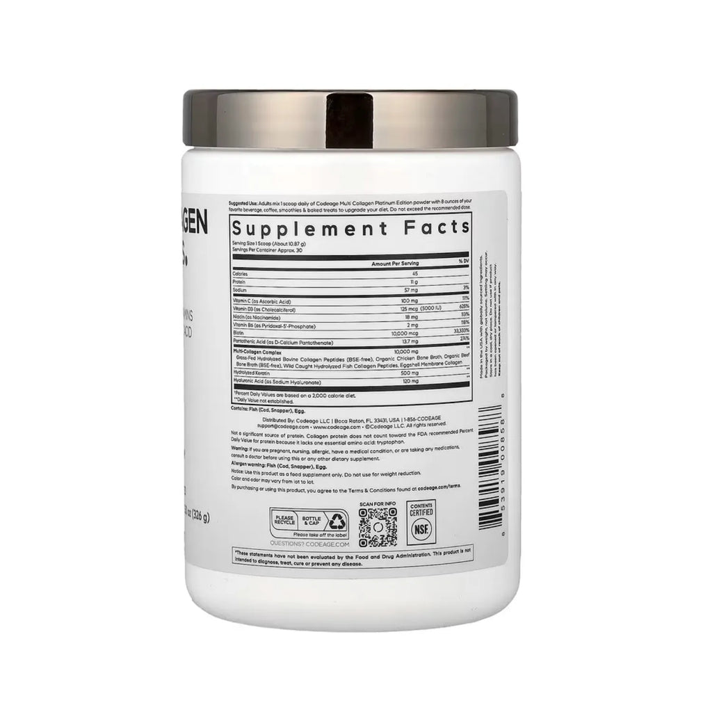 Codeage Péptidos De Colágeno Múltiple En Polvo Platino Sin sabor 326 g (11.5 oz)