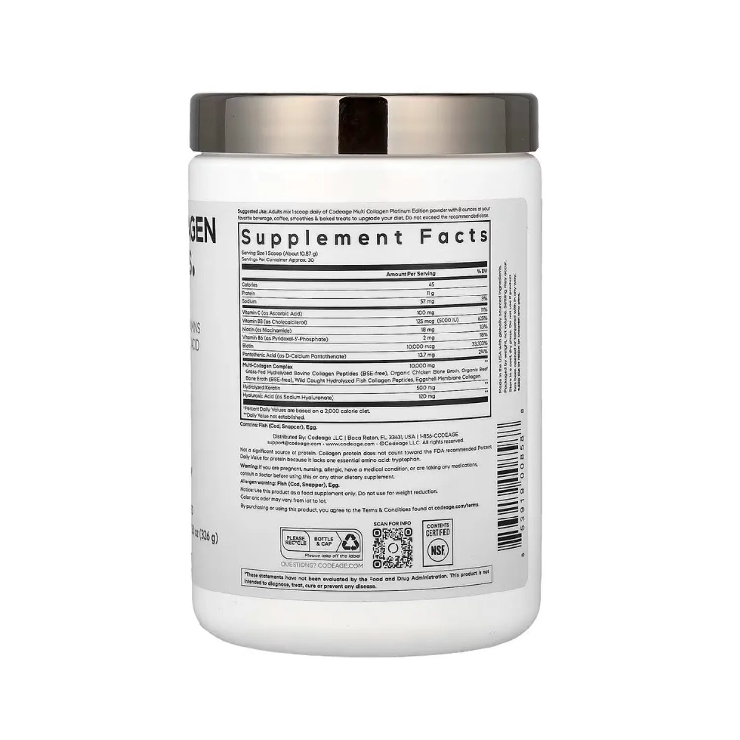 Codeage Péptidos De Colágeno Múltiple En Polvo Platino Sin sabor 326 g (11.5 oz)