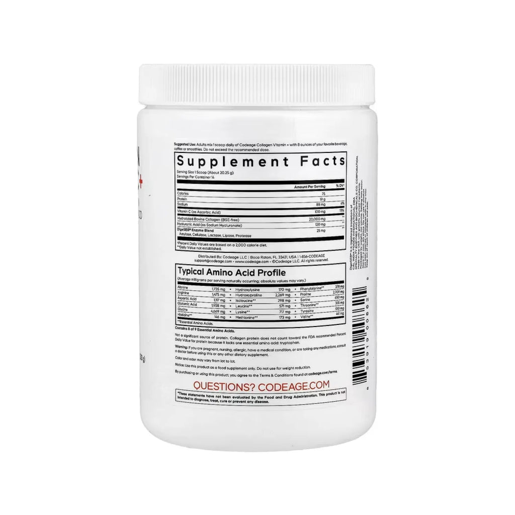 Codeage, Colágeno Hidrolizado Con Vitamina C Y Ácido Hialurónico En Polvo, Sin Sabor, 283 G (9,98 Oz)