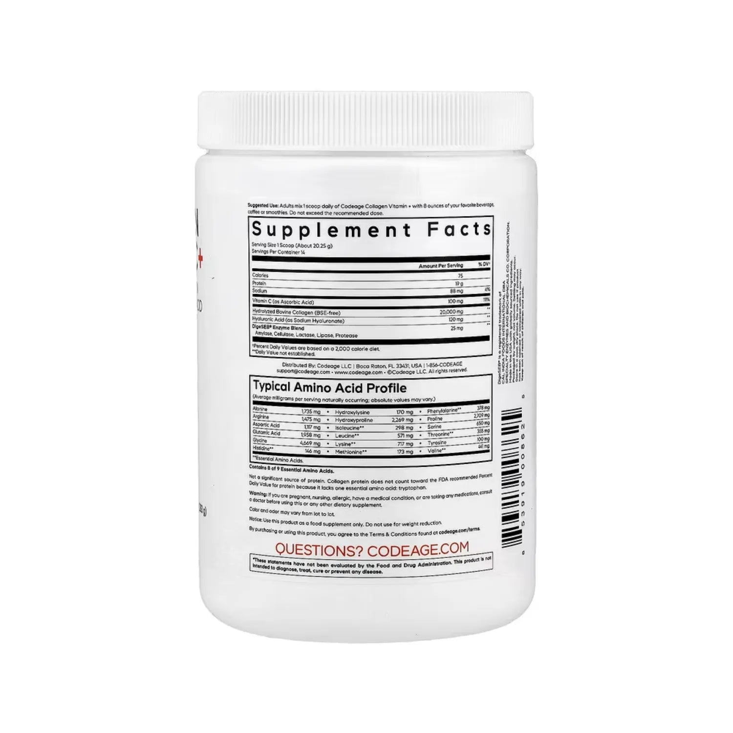 Codeage, Colágeno Hidrolizado Con Vitamina C Y Ácido Hialurónico En Polvo, Sin Sabor, 283 G (9,98 Oz)