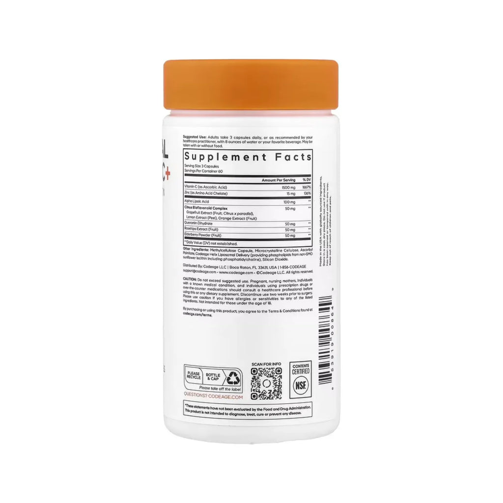 Codeage, Vitamina C Liposomal + Quercetina, Rosa Mosqueta Y Zinc, 180 Cápsulas Vegetales