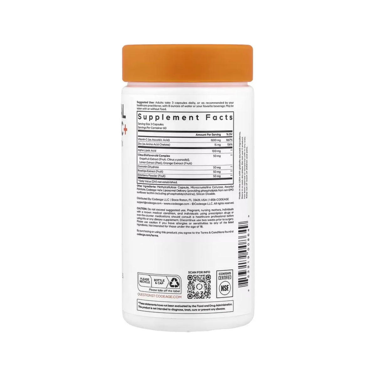 Codeage, Vitamina C Liposomal + Quercetina, Rosa Mosqueta Y Zinc, 180 Cápsulas Vegetales