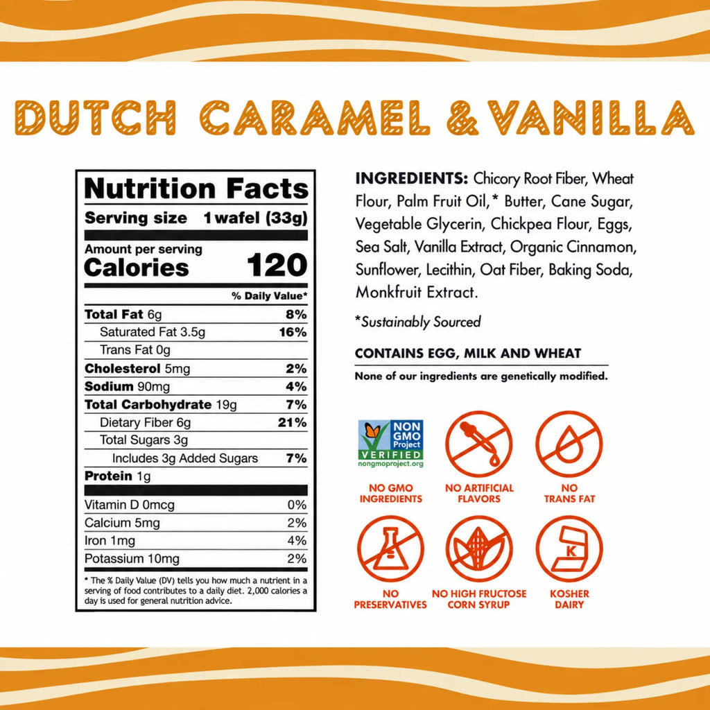 Rip Van Wafels Dutch Caramelo + Vainilla 12 Pack | Waffle crujiente con relleno suave de caramelo y vainilla | 3 g de azúcar y 6 g de fibra por pieza | Sin conservadores ni jarabe de maíz de alta fructosa | Snack de origen europeo