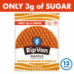 Rip Van Wafels Dutch Caramelo + Vainilla 12 Pack | Waffle crujiente con relleno suave de caramelo y vainilla | 3 g de azúcar y 6 g de fibra por pieza | Sin conservadores ni jarabe de maíz de alta fructosa | Snack de origen europeo