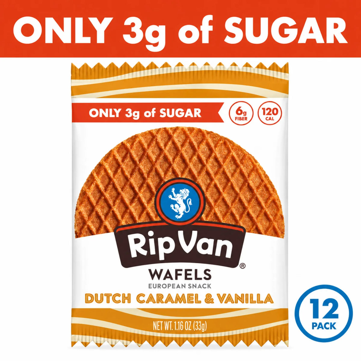 Rip Van Wafels Dutch Caramelo + Vainilla 12 Pack | Waffle crujiente con relleno suave de caramelo y vainilla | 3 g de azúcar y 6 g de fibra por pieza | Sin conservadores ni jarabe de maíz de alta fructosa | Snack de origen europeo