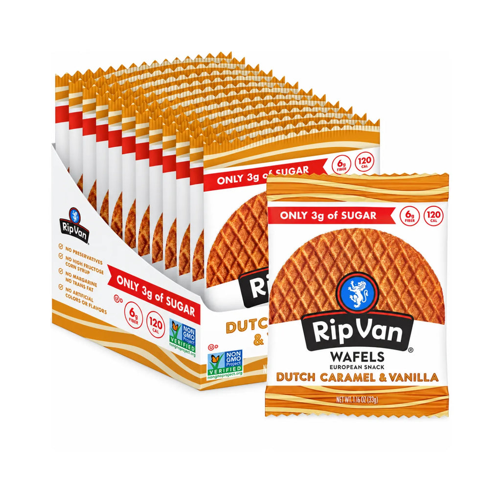 Rip Van Wafels Dutch Caramelo + Vainilla 12 Pack | Waffle crujiente con relleno suave de caramelo y vainilla | 3 g de azúcar y 6 g de fibra por pieza | Sin conservadores ni jarabe de maíz de alta fructosa | Snack de origen europeo