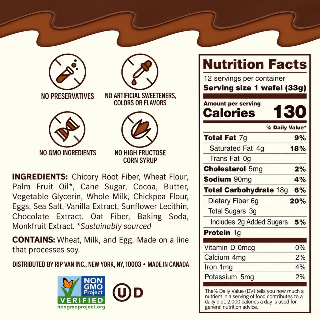Rip Van Wafels Chocolate Brownie 12 Pack | Waffle crujiente con relleno de chocolate tipo brownie | 3 g de azúcar y 6 g de fibra por pieza | Sin conservadores ni colorantes artificiales | Snack práctico de chocolate