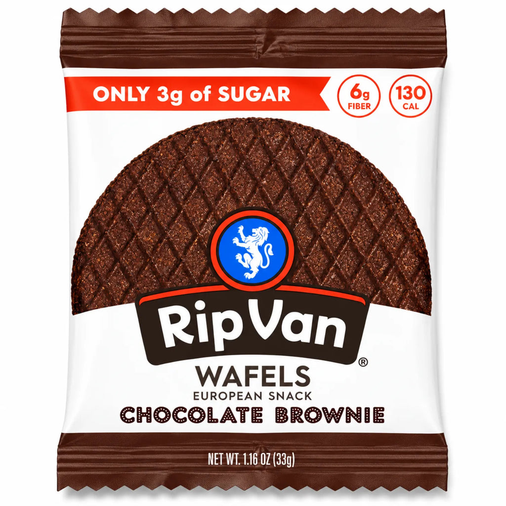 Rip Van Wafels Chocolate Brownie 12 Pack | Waffle crujiente con relleno de chocolate tipo brownie | 3 g de azúcar y 6 g de fibra por pieza | Sin conservadores ni colorantes artificiales | Snack práctico de chocolate