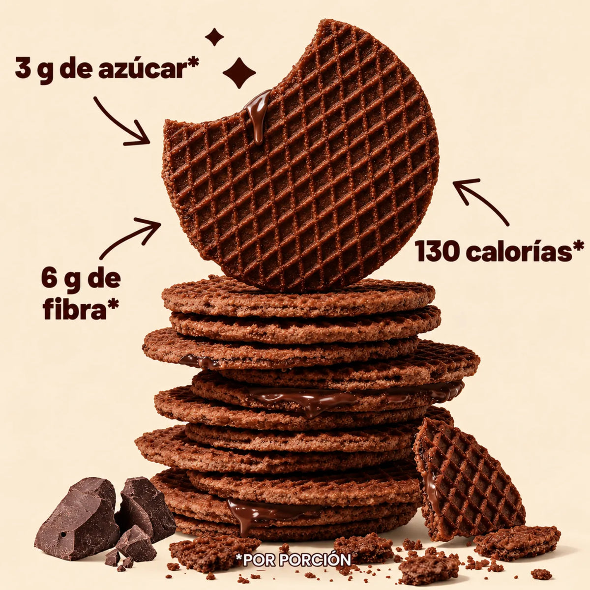 Rip Van Wafels Chocolate Brownie 12 Pack | Waffle crujiente con relleno de chocolate tipo brownie | 3 g de azúcar y 6 g de fibra por pieza | Sin conservadores ni colorantes artificiales | Snack práctico de chocolate