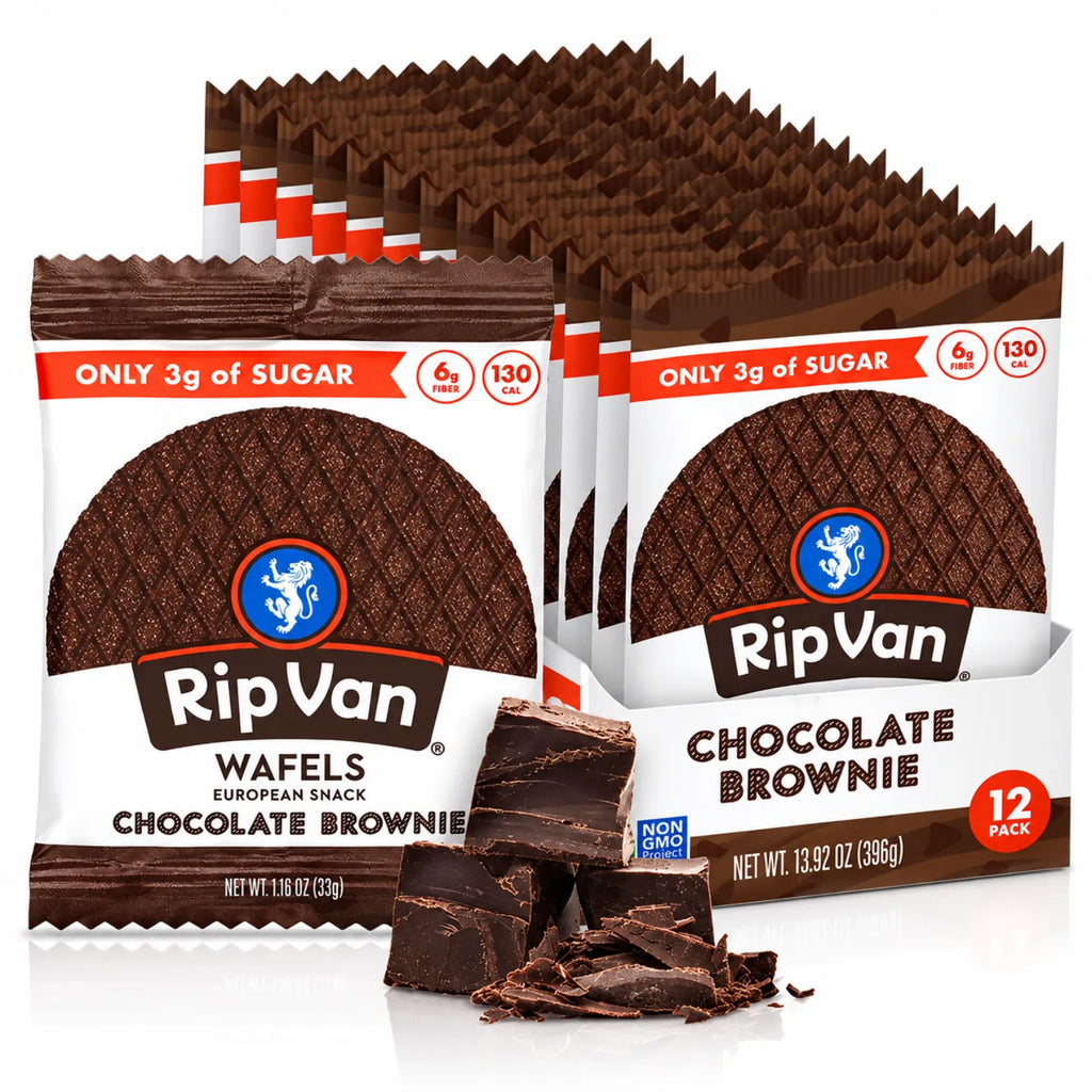 Rip Van Wafels Chocolate Brownie 12 Pack | Waffle crujiente con relleno de chocolate tipo brownie | 3 g de azúcar y 6 g de fibra por pieza | Sin conservadores ni colorantes artificiales | Snack práctico de chocolate