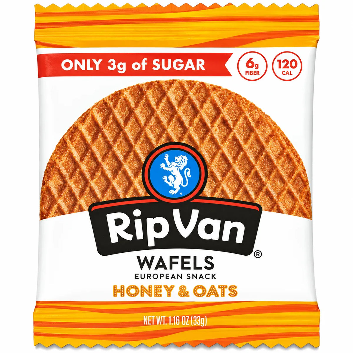 Rip Van Wafels Miel + Avena 12 Pack | Waffle crujiente con relleno de miel orgánica y avena | 3 g de azúcar y 6 g de fibra por pieza | Sin conservadores ni sabores artificiales | Snack práctico