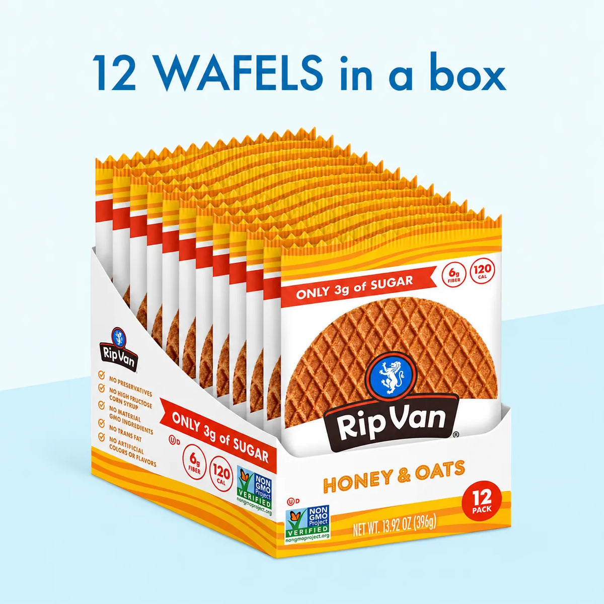 Rip Van Wafels Miel + Avena 12 Pack | Waffle crujiente con relleno de miel orgánica y avena | 3 g de azúcar y 6 g de fibra por pieza | Sin conservadores ni sabores artificiales | Snack práctico