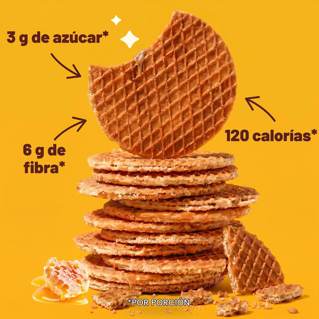 Rip Van Wafels Miel + Avena 12 Pack | Waffle crujiente con relleno de miel orgánica y avena | 3 g de azúcar y 6 g de fibra por pieza | Sin conservadores ni sabores artificiales | Snack práctico