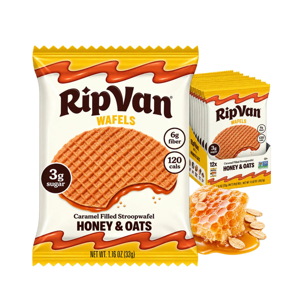 Rip Van Wafels Miel + Avena 12 Pack | Waffle crujiente con relleno de miel orgánica y avena | 3 g de azúcar y 6 g de fibra por pieza | Sin conservadores ni sabores artificiales | Snack práctico