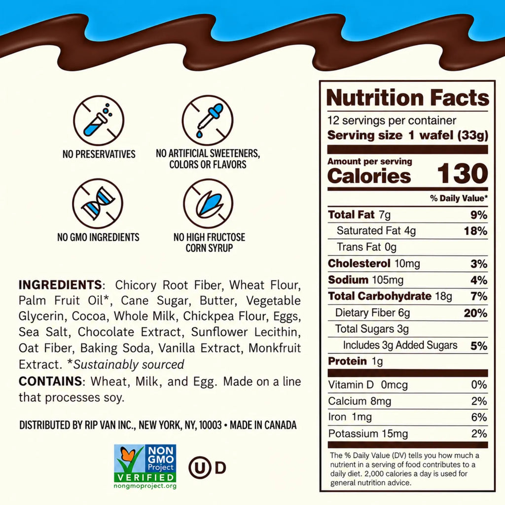 Rip Van Wafels Cookies & Cream 12 Pack | Waffle crujiente con relleno de cacao y vainilla | 3 g de azúcar y 6 g de fibra por pieza | Sin conservadores ni jarabe de maíz de alta fructosa | Snack práctico