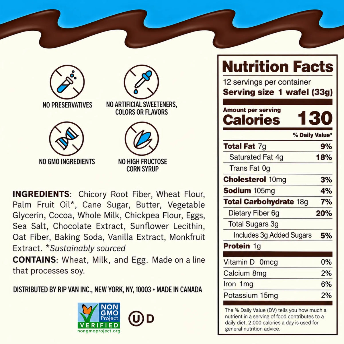 Rip Van Wafels Cookies & Cream 12 Pack | Waffle crujiente con relleno de cacao y vainilla | 3 g de azúcar y 6 g de fibra por pieza | Sin conservadores ni jarabe de maíz de alta fructosa | Snack práctico