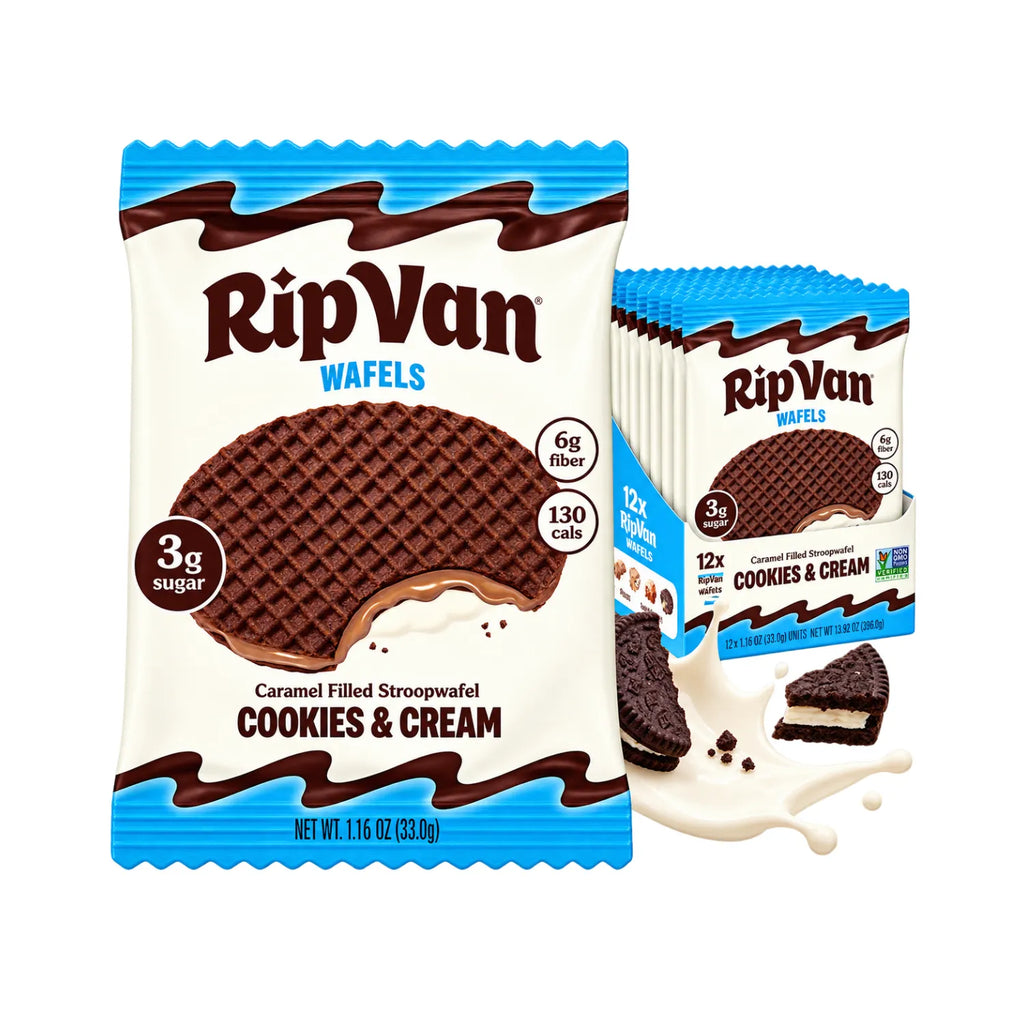 Rip Van Wafels Cookies & Cream 12 Pack | Waffle crujiente con relleno de cacao y vainilla | 3 g de azúcar y 6 g de fibra por pieza | Sin conservadores ni jarabe de maíz de alta fructosa | Snack práctico