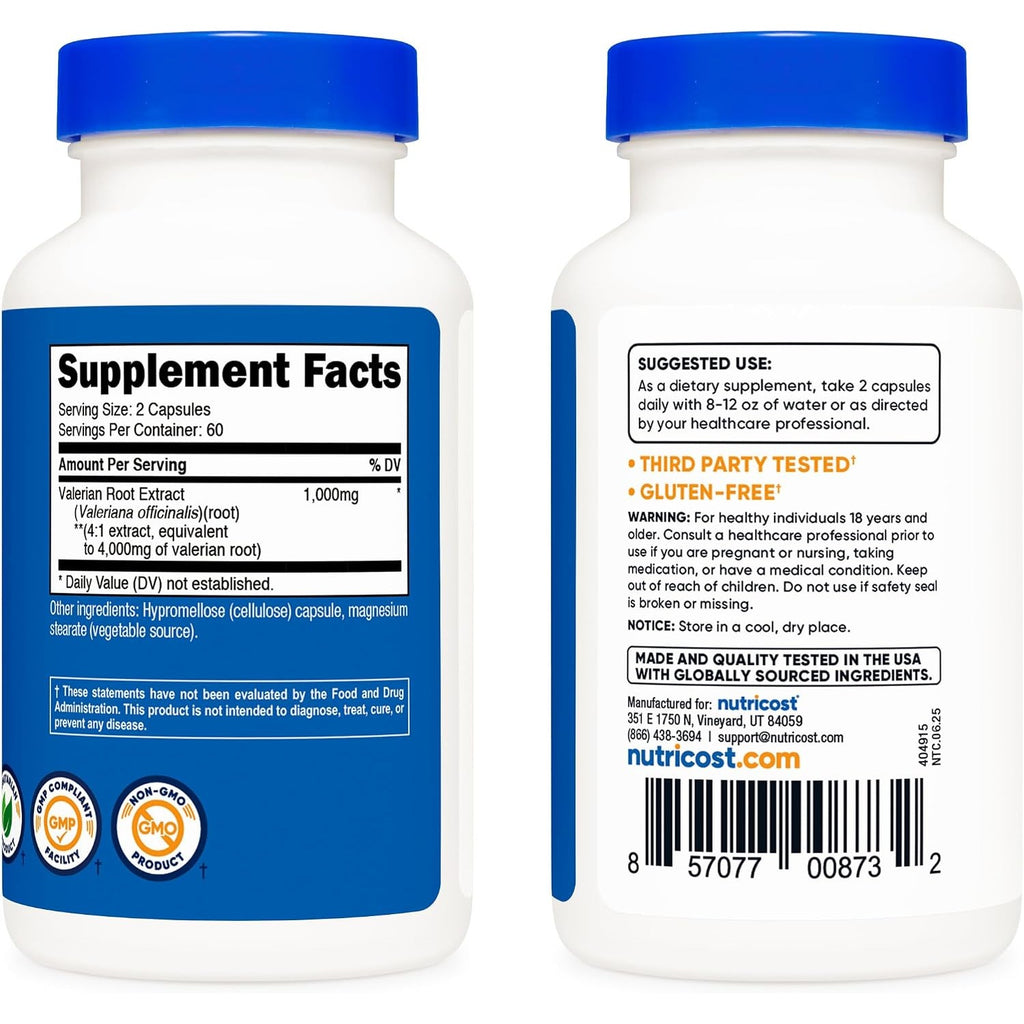 Nutricost Extracto de Raíz de Valeriana 1000 mg 120 Cápsulas Vegetales