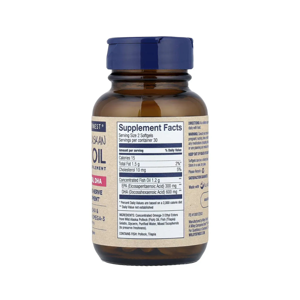 Wiley's Finest, Aceite de pescado de Alaska, Ácido Docosahexaenoico Prenatal 600 mg, 60 Cápsulas De Pescado