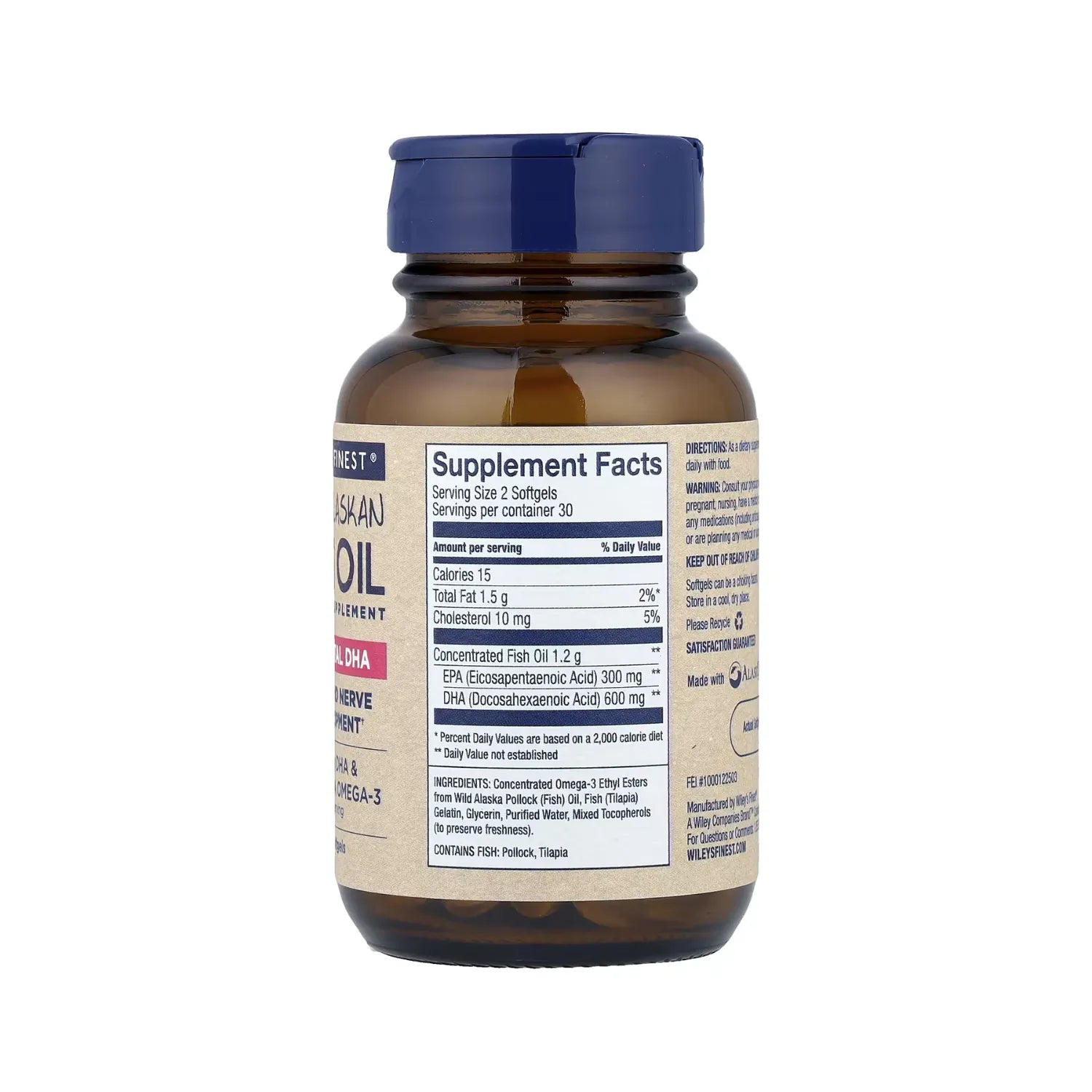Wiley's Finest, Aceite de pescado de Alaska, Ácido Docosahexaenoico Prenatal 600 mg, 60 Cápsulas De Pescado