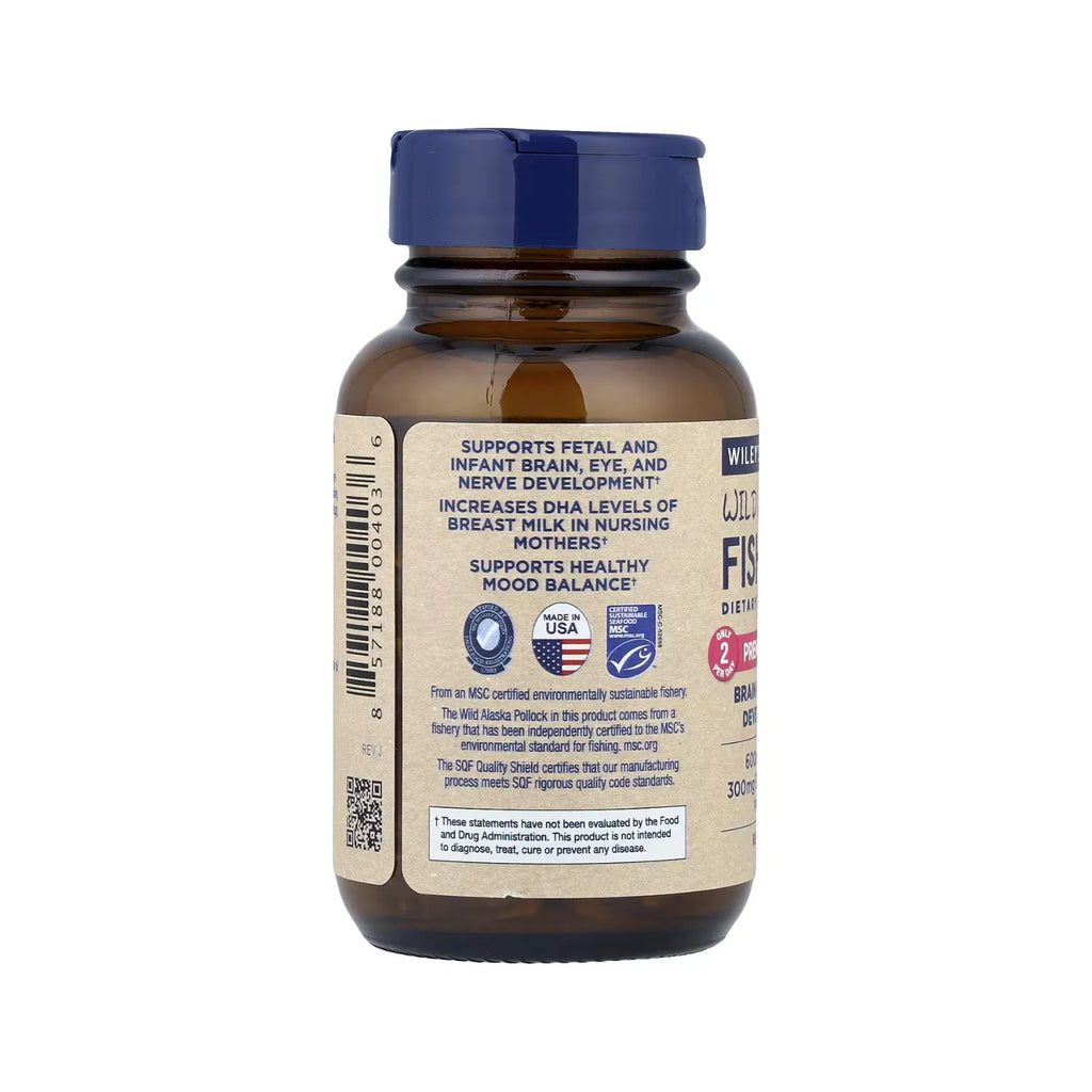 Wiley's Finest, Aceite de pescado de Alaska, Ácido Docosahexaenoico Prenatal 600 mg, 60 Cápsulas De Pescado