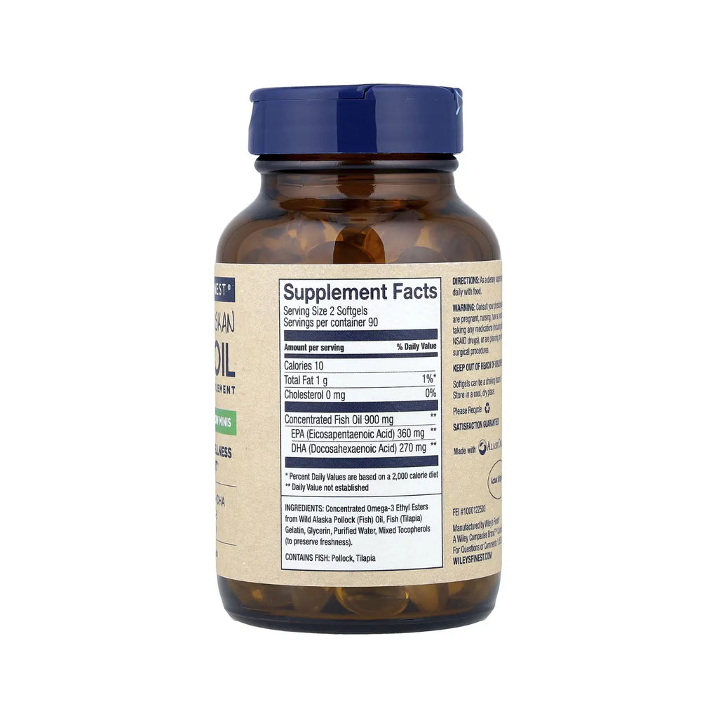 Wiley's Finest, Aceite de Pescado Salvaje de Alaska, Minis de Fácil Ingestión, 180 Cápsulas Blandas 630mg