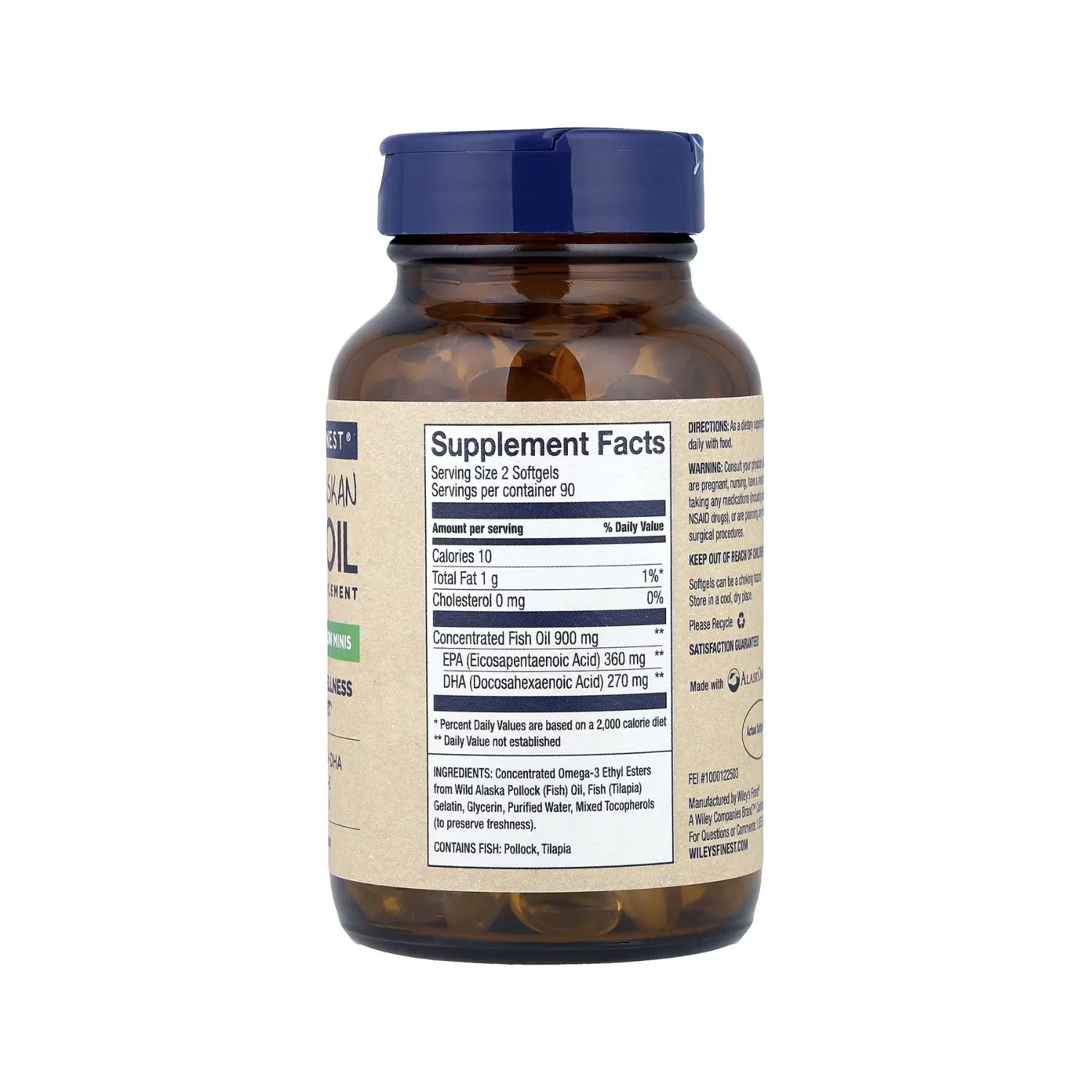 Wiley's Finest, Aceite de Pescado Salvaje de Alaska, Minis de Fácil Ingestión, 180 Cápsulas Blandas 630mg